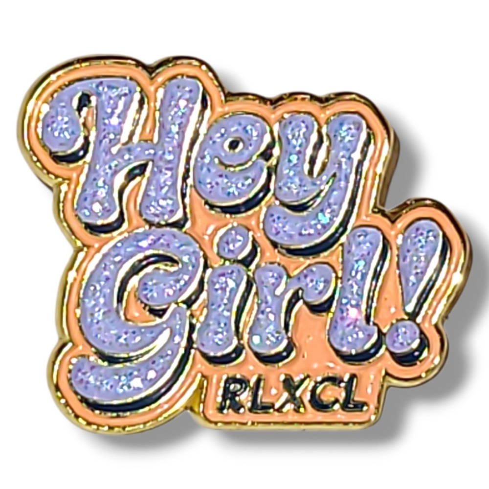 RLXCL Hey Girl Glitter Enamel Pin Pink Purple‎ Cute Kawaii Lapel Badge